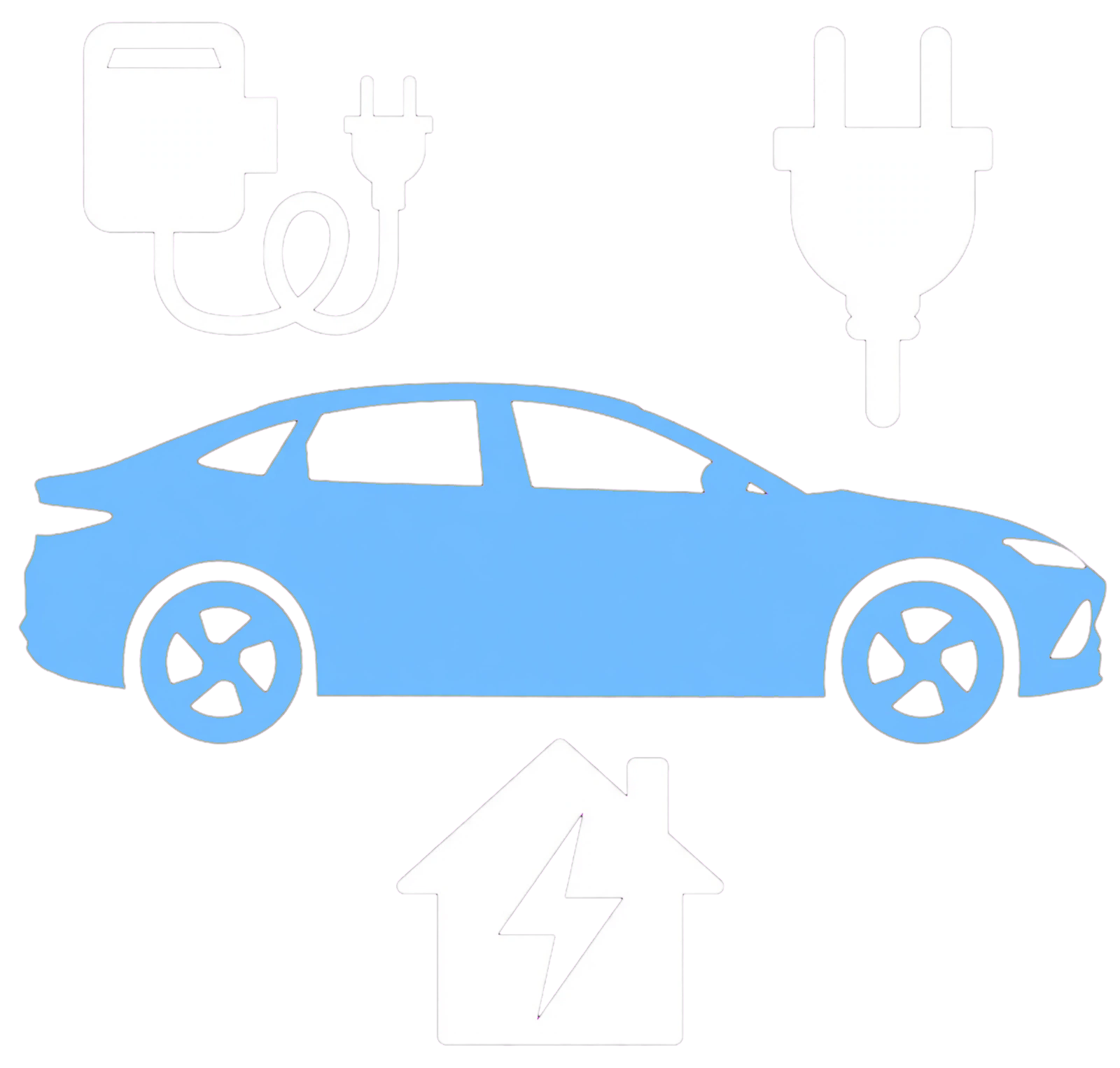 Blue BYD SEAL with home charging unit, plug and electric home icons.