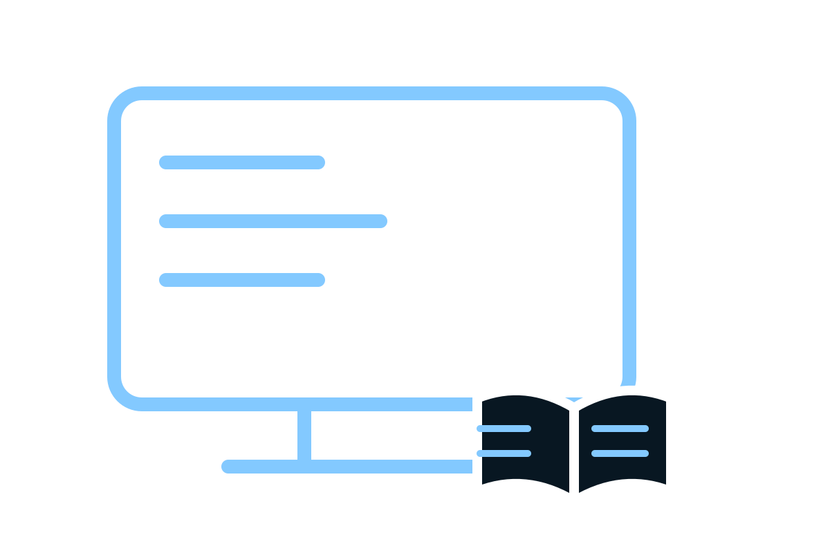 Software-information concept illustration with a screen, information symbol and handbook.
