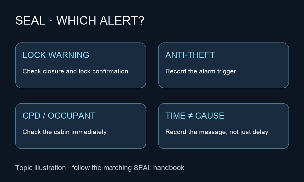 Four alert-check categories: lock warning, anti-theft, Child Presence Detection and timing without a diagnosis