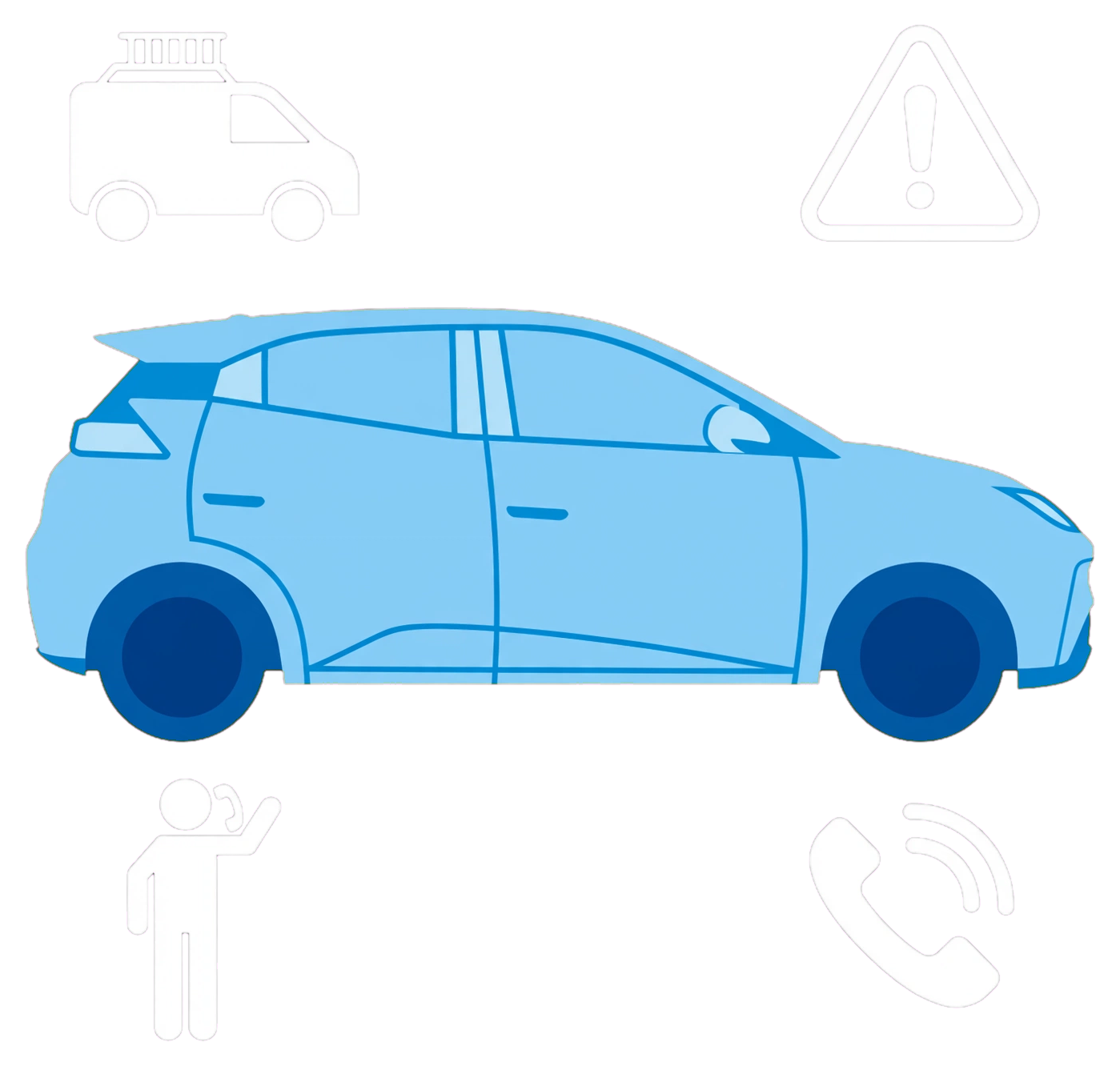 Blue electric car with recovery van, warning triangle and roadside telephone assistance icons.