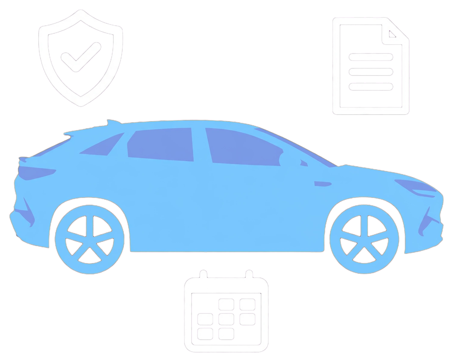 Blue electric car with a protective shield, warranty document and calendar.