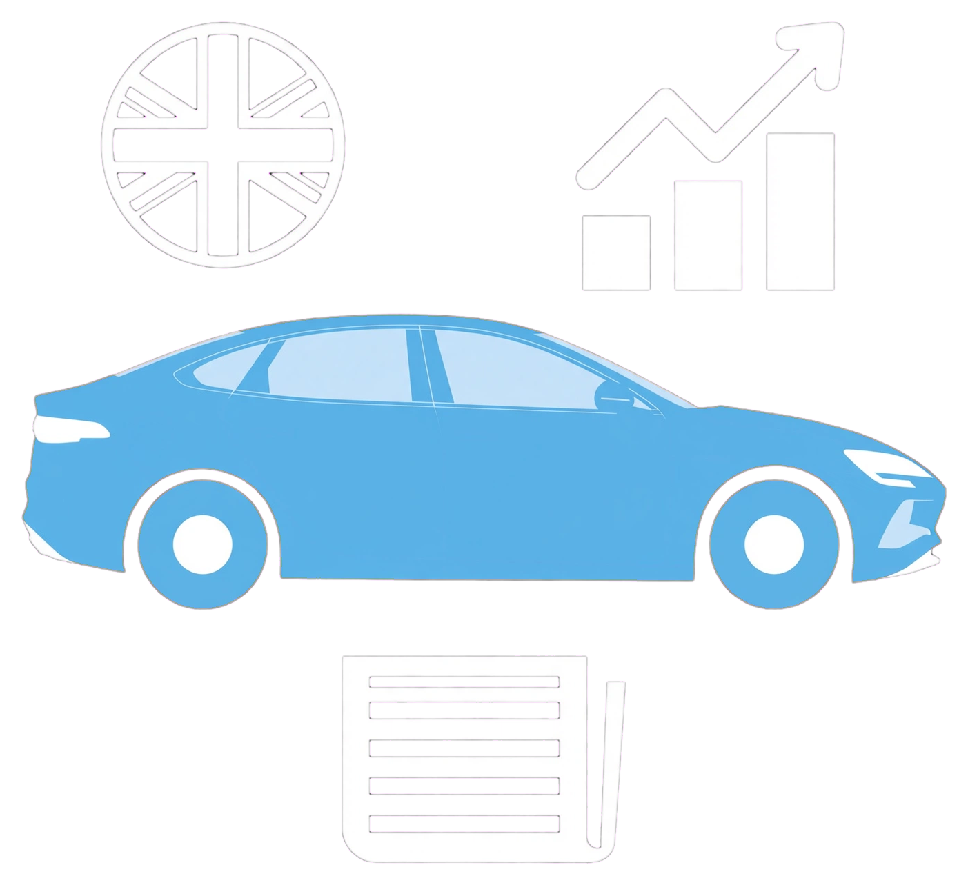 Electric BYD car with UK flag, sales-growth chart and news icons