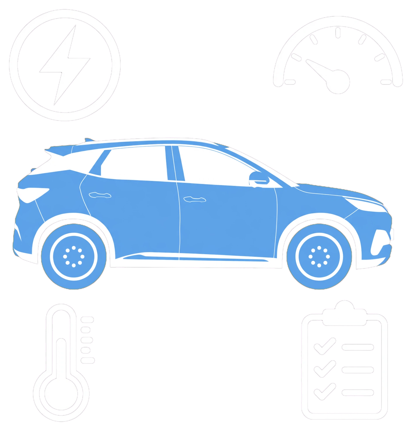 Electric SUV with charging power, speed, temperature and checking icons