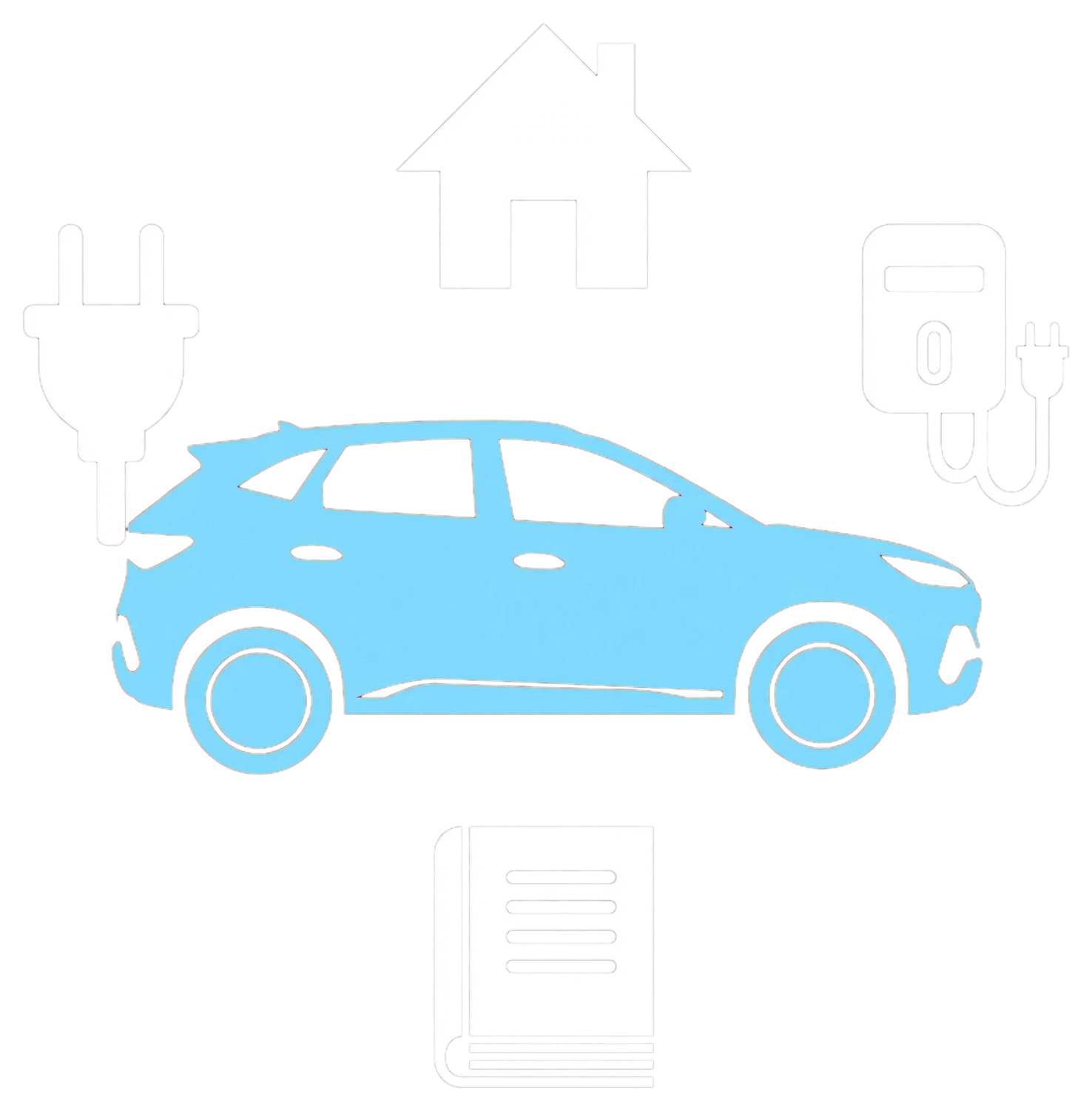Electric SUV with house, home wallbox, charging plug and handbook icons