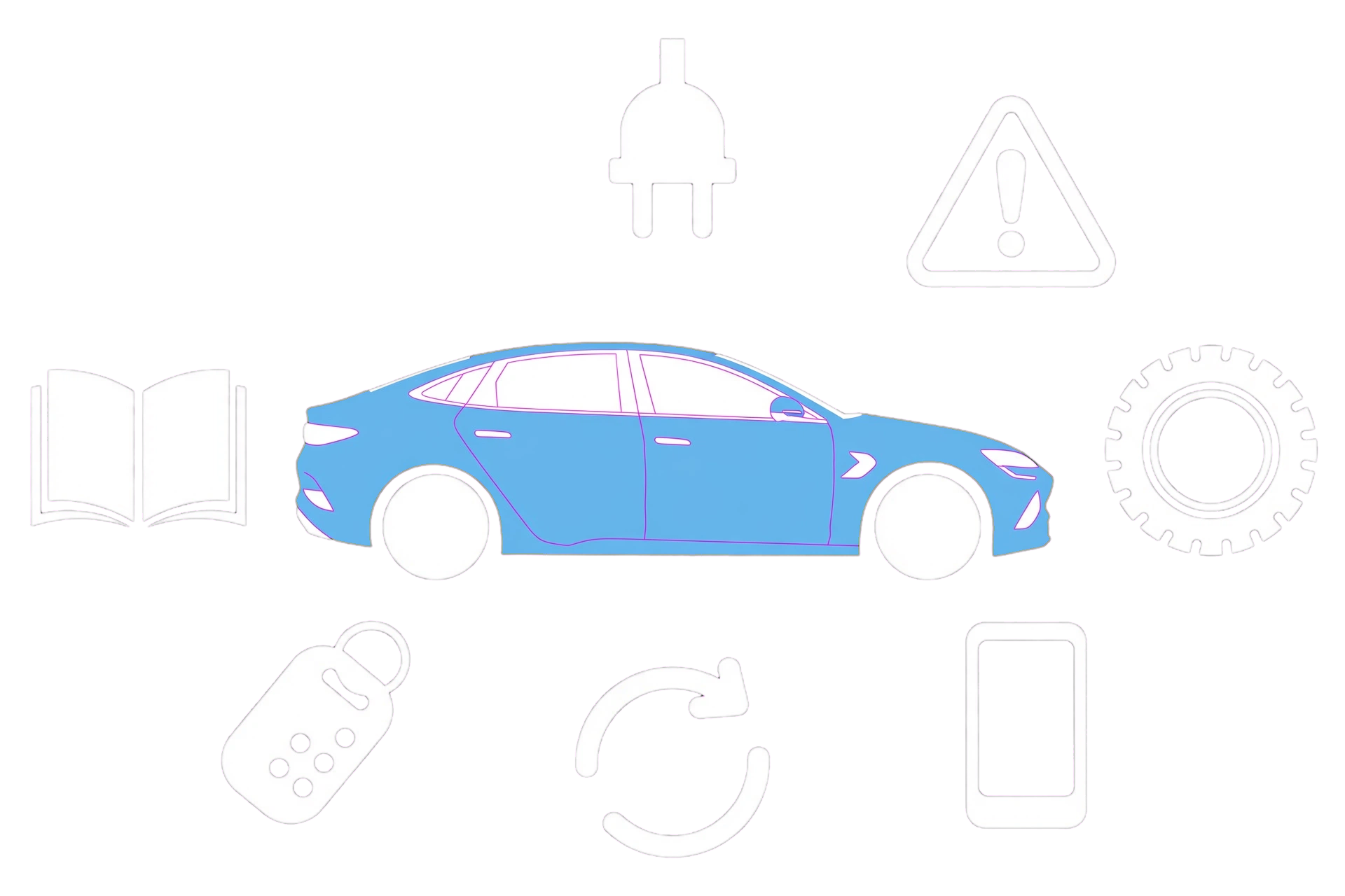 MyBYD how-to illustration with an electric car and symbols for charging, warnings, manuals, keys, updates and a phone.