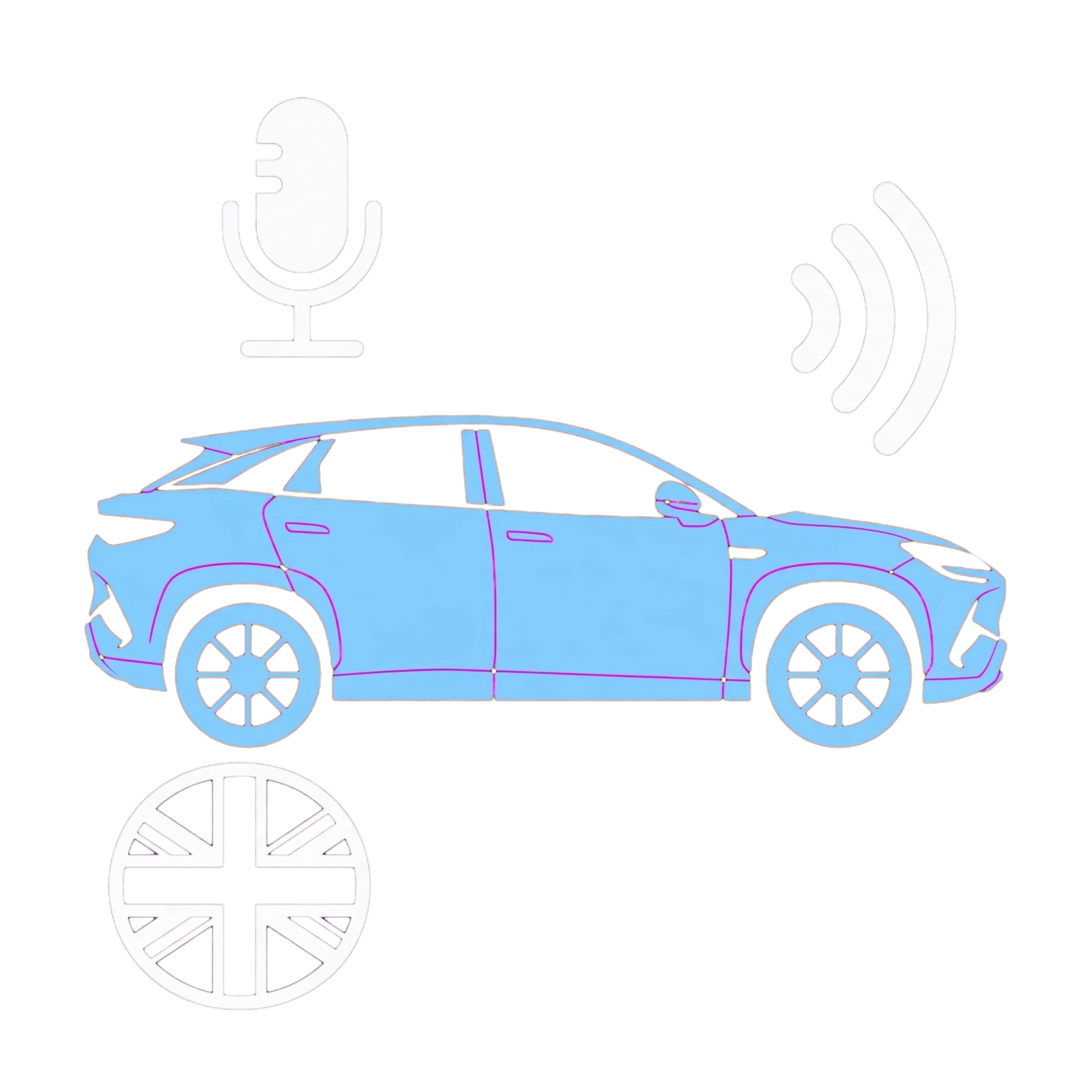 BYD UK voice-command illustration with SEALION 7, microphone and UK flag