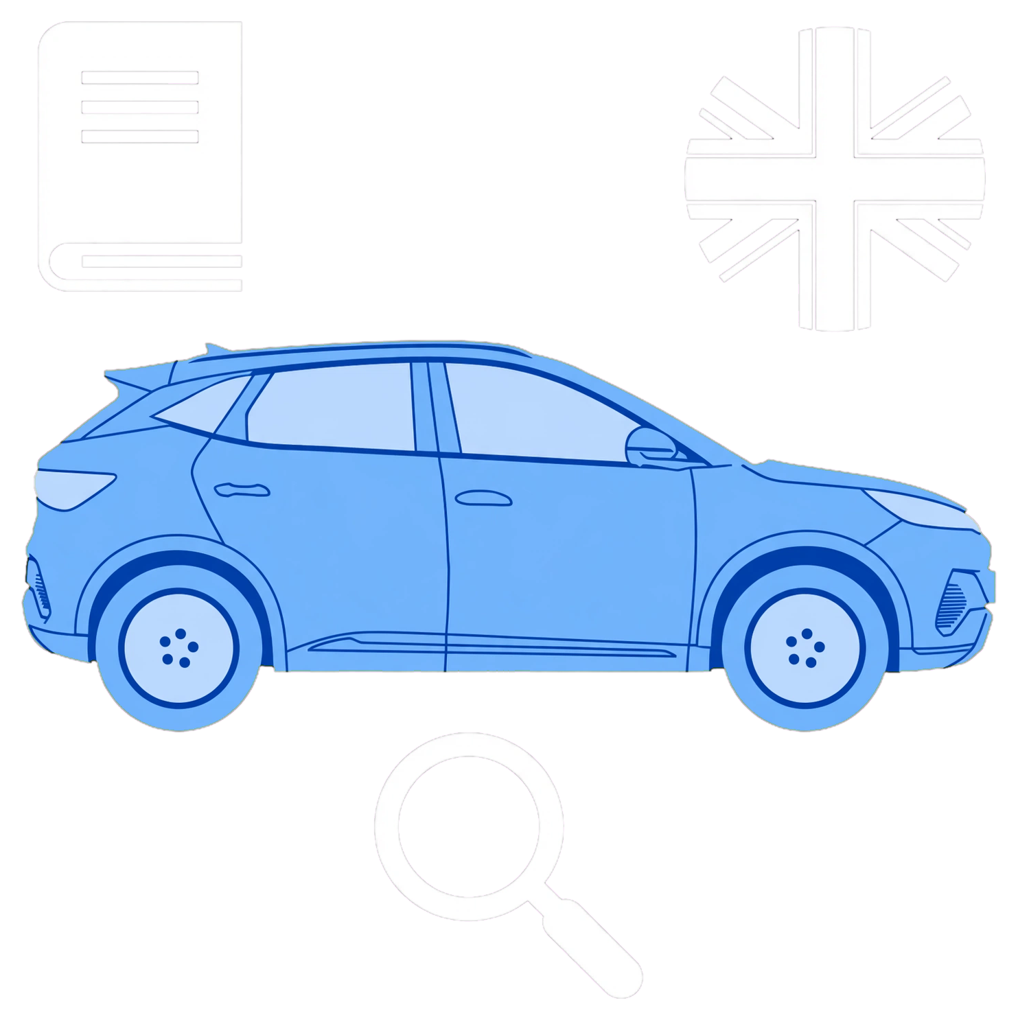 Electric SUV with handbook, UK flag and search icons