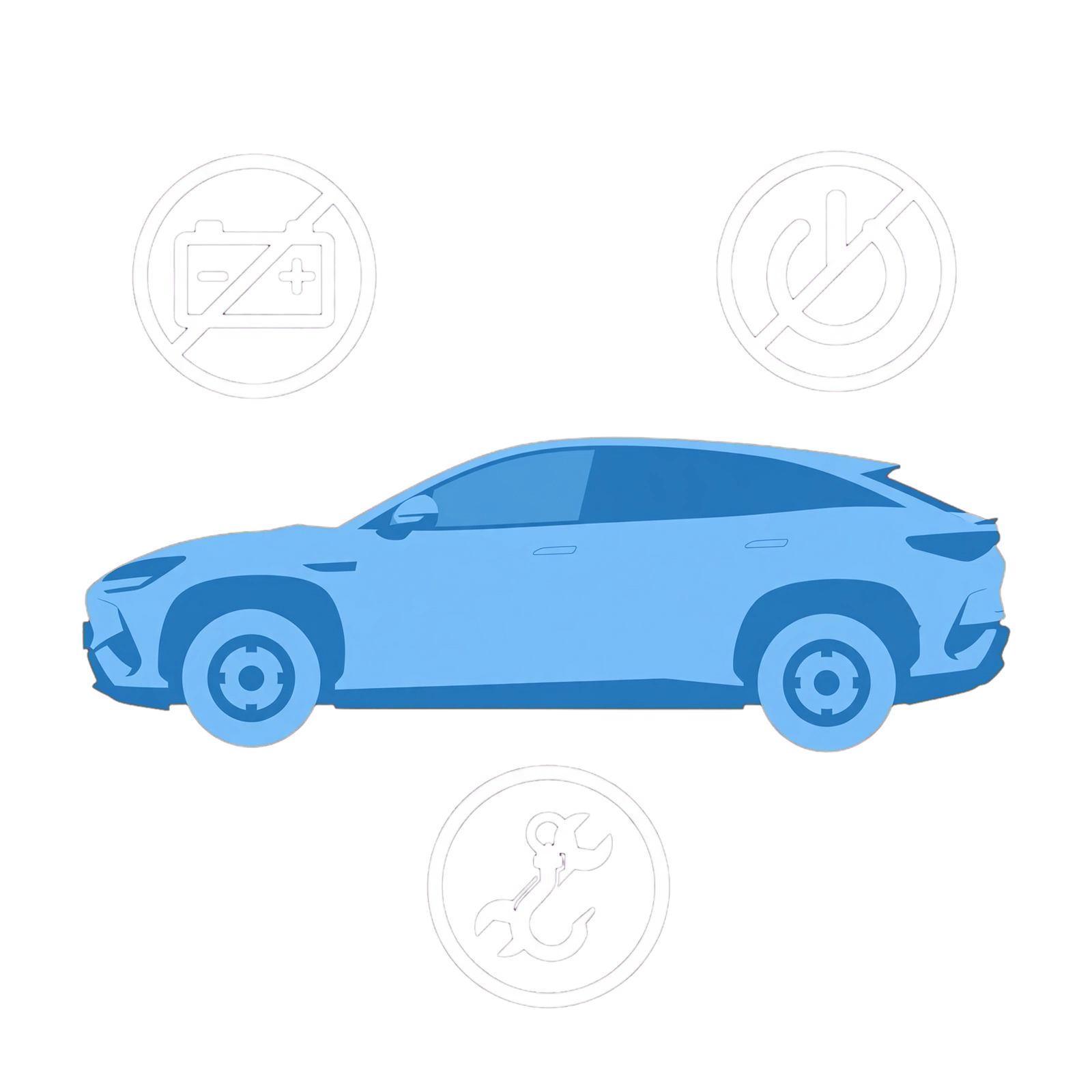 BYD SEALION 7 unresponsive-car illustration with low-voltage battery and power symbols