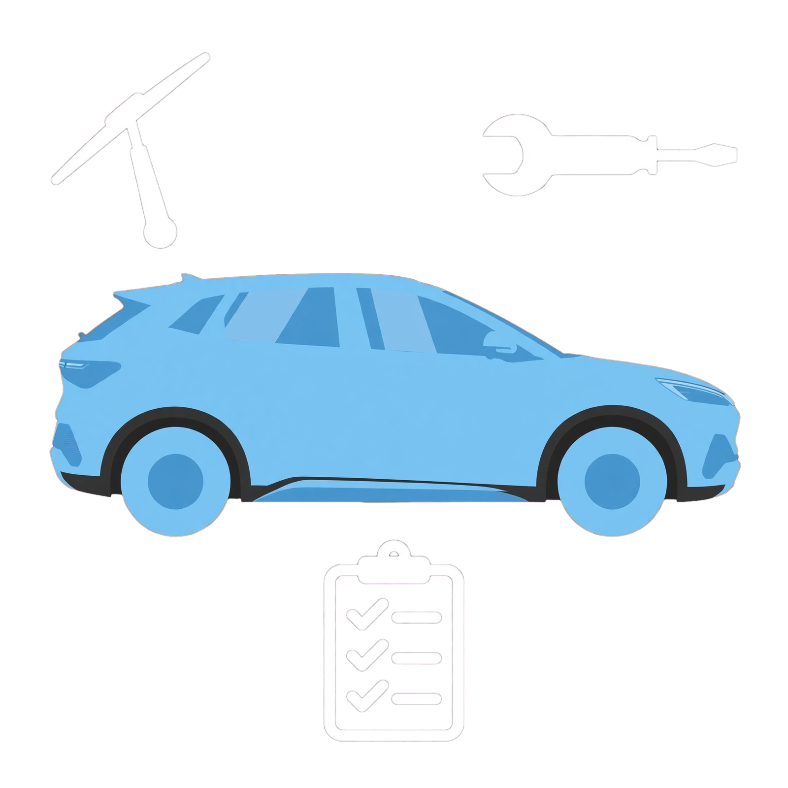 Blue BYD ATTO 3 illustration with maintenance and checklist symbols