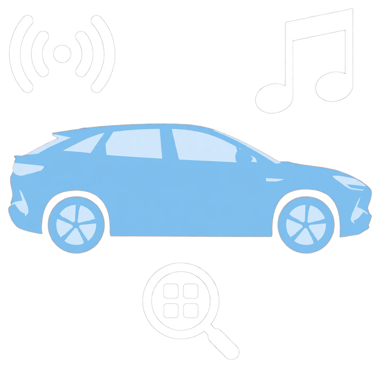 Electric SUV with radio, music and app-search icons