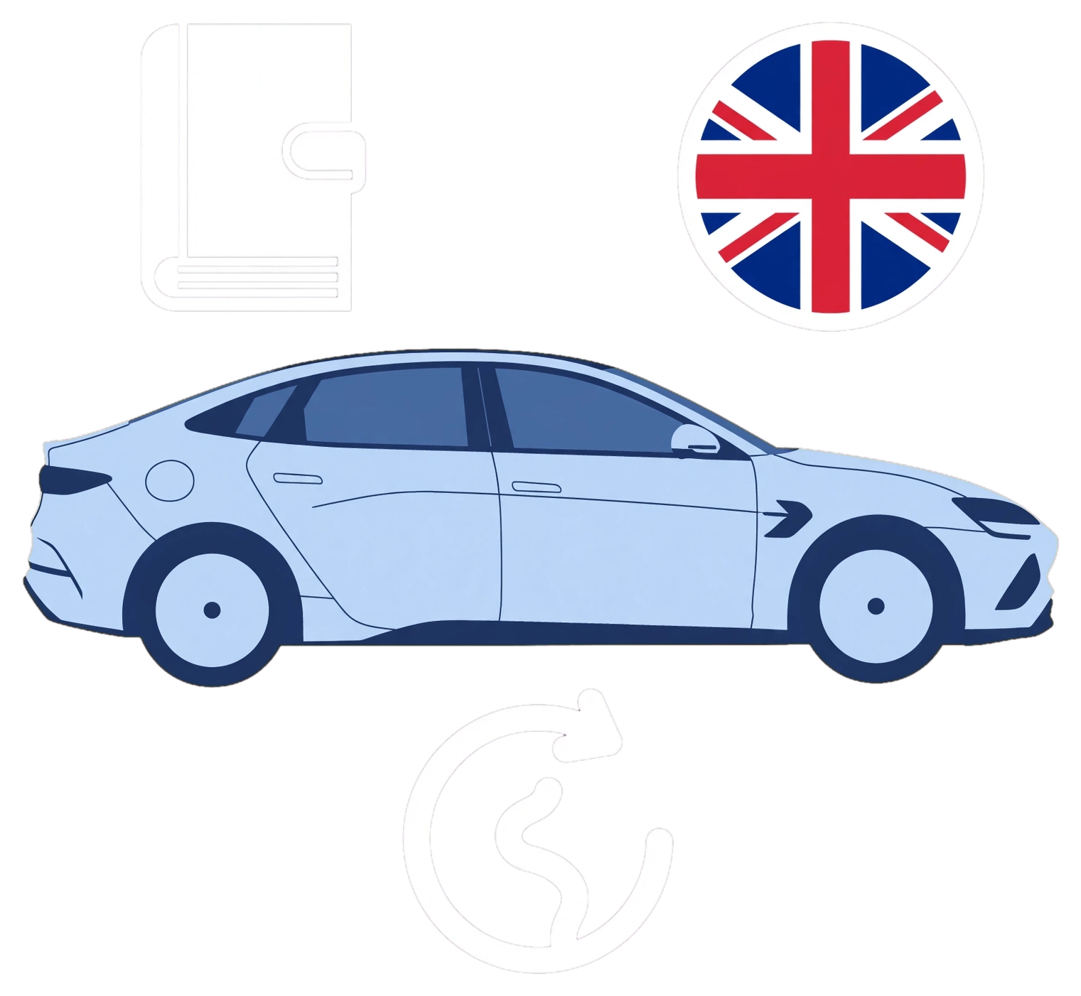 Blue BYD SEAL with handbook, UK flag and reference symbols.