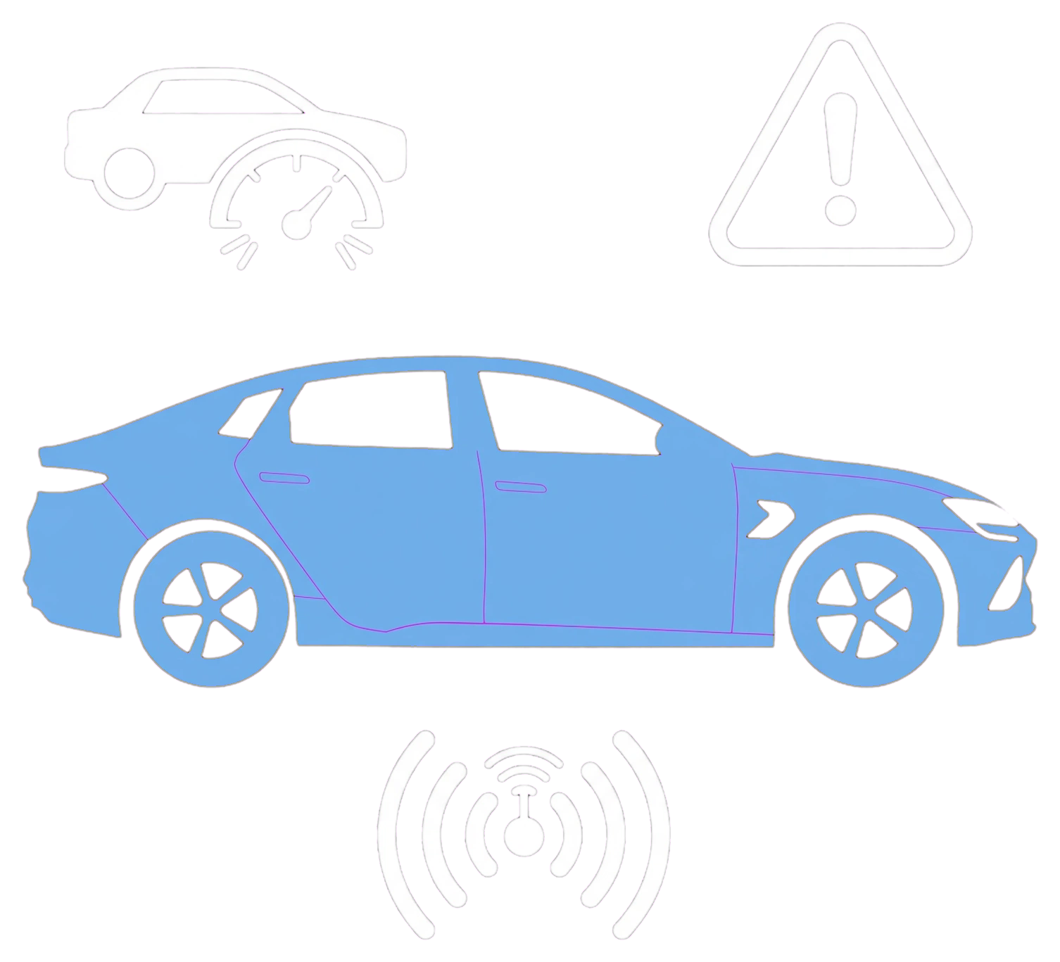 Blue BYD SEAL with driver assistance, warning triangle and sensor icons.