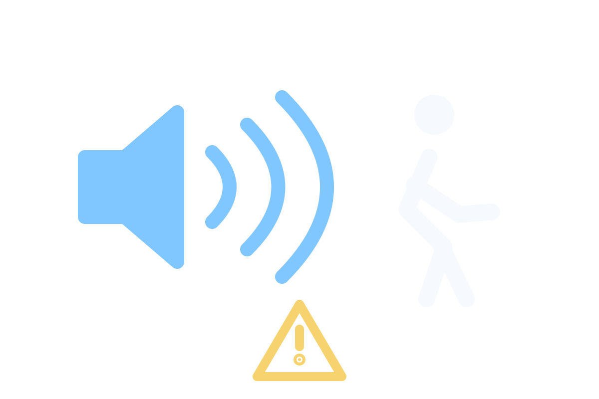 MyBYD concept illustration of a sound source, sound waves, a pedestrian and a caution triangle; not a vehicle display or diagnosis.