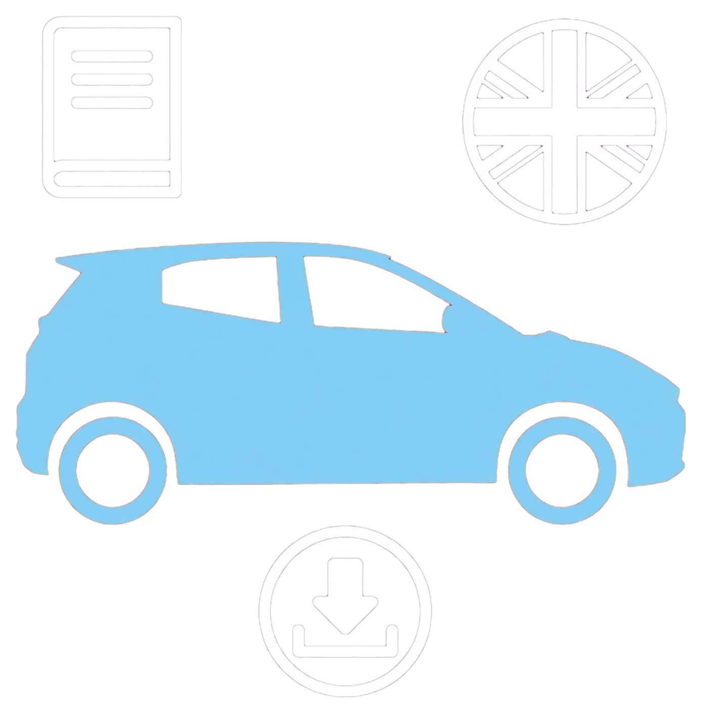 Compact electric hatchback with UK handbook and download icons