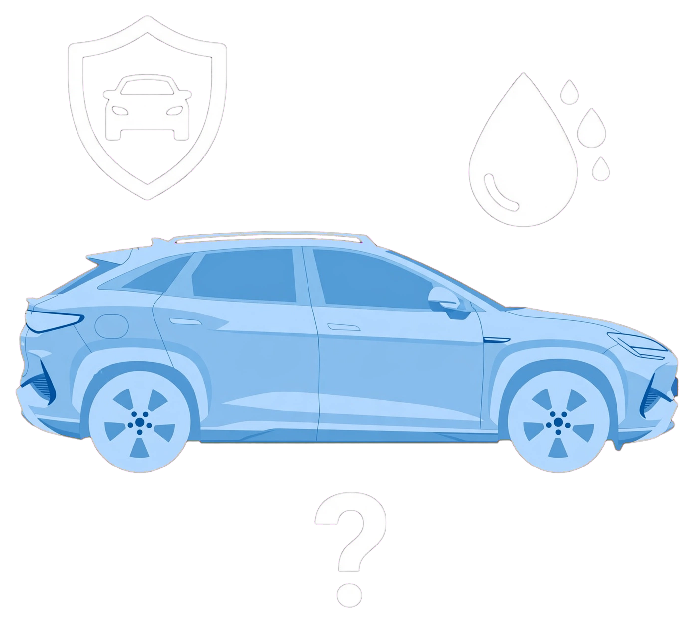 Blue electric car with protective shield, water drops and a question mark illustrating coating choices.